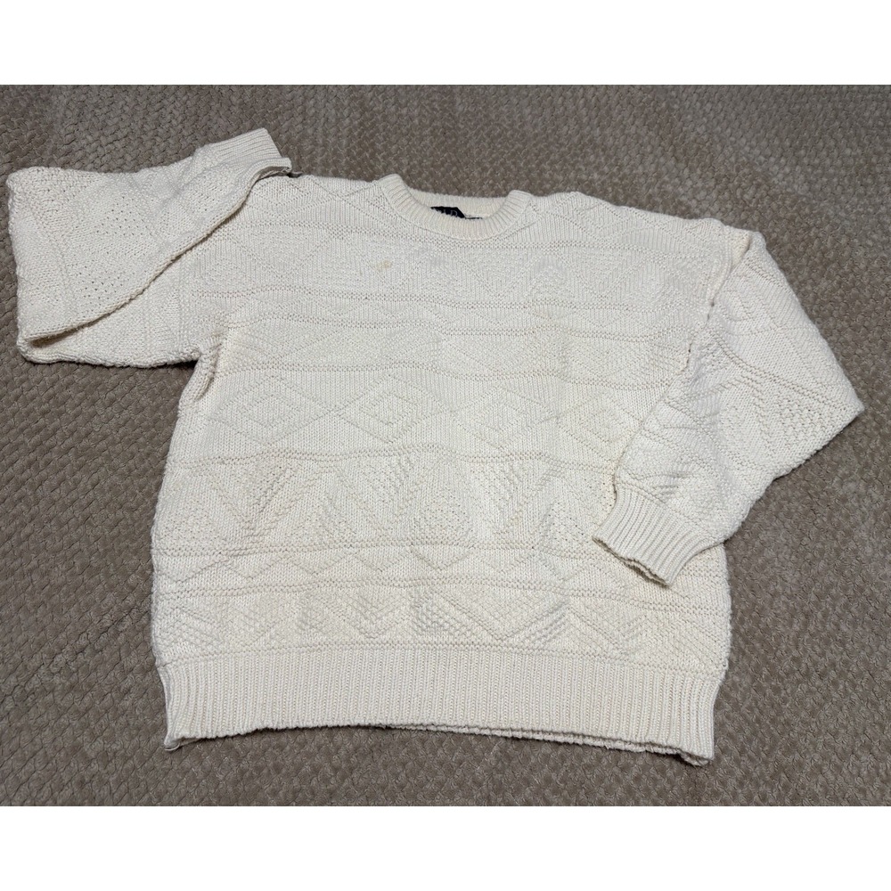Vintage Old Glory Sweater Ivory Cream Knit High Fisherman XL 100% Cotton‎ USA